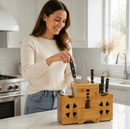Solid Wood Kitchen Knife Holder Rack – Multifunctional Countertop Storage Organizer for Knives, Chopsticks, Utensils and Modern Kitchen Organization