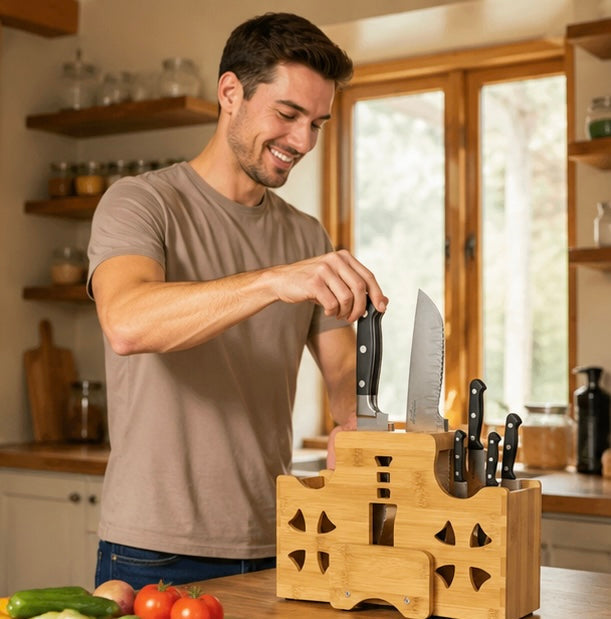 Solid Wood Kitchen Knife Holder Rack – Multifunctional Countertop Storage Organizer for Knives, Chopsticks, Utensils and Modern Kitchen Organization