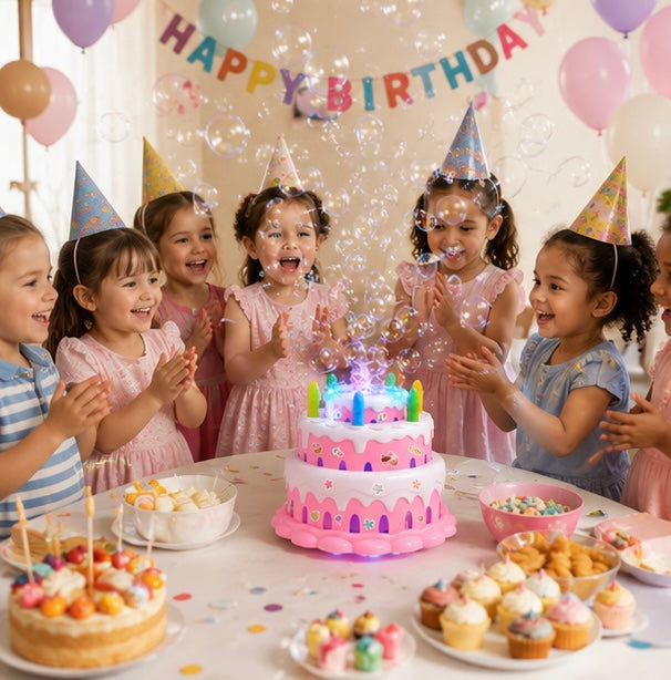 Kawaii Birthday Cake Bubble Machine - Electric Bubble Maker with Music and Lights for Kids Parties and Outdoor Play
