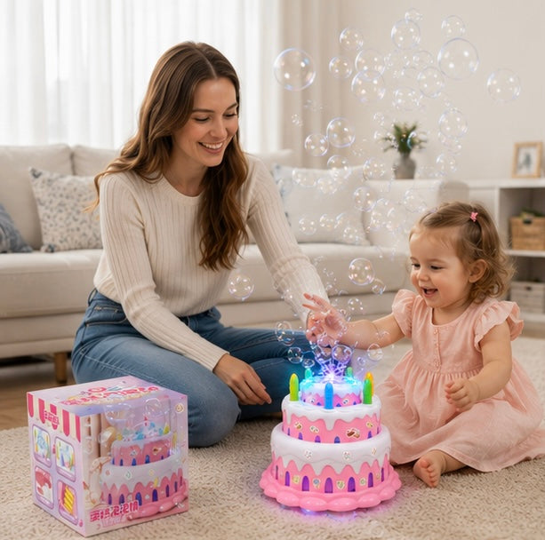 Kawaii Birthday Cake Bubble Machine - Electric Bubble Maker with Music and Lights for Kids Parties and Outdoor Play