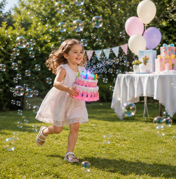 Kawaii Birthday Cake Bubble Machine - Electric Bubble Maker with Music and Lights for Kids Parties and Outdoor Play
