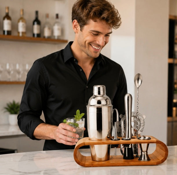 Cocktail Shaker Display Stand – Elegant Wooden Rack Organizer for Bar Tools, Mixology Accessories and Home Party Entertaining