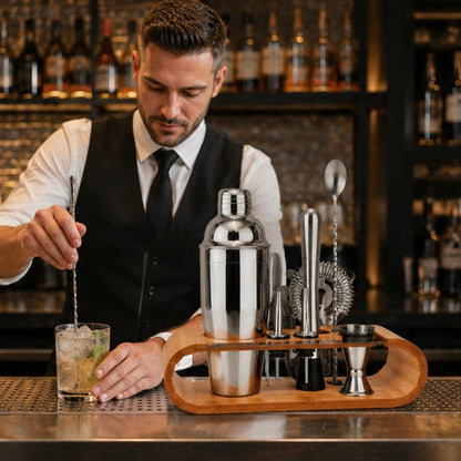 Cocktail Shaker Display Stand – Elegant Wooden Rack Organizer for Bar Tools, Mixology Accessories and Home Party Entertaining