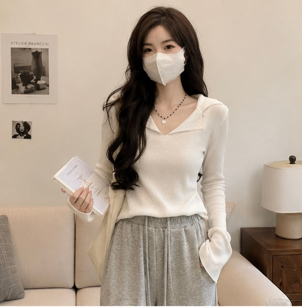 Women’s Knitted Long Sleeve Shirt – Casual Fashion Sweater Top with Modern Minimalist Design for Everyday Spring Style