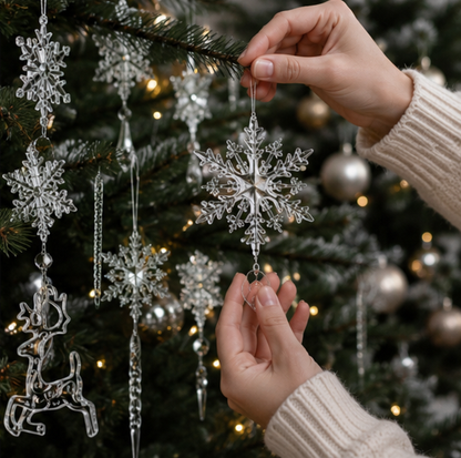 Acrylic Crystal Snowflake Ornament Set – Christmas Tree Icicle Hanging Decorations for Holiday Parties and Elegant Winter Displays