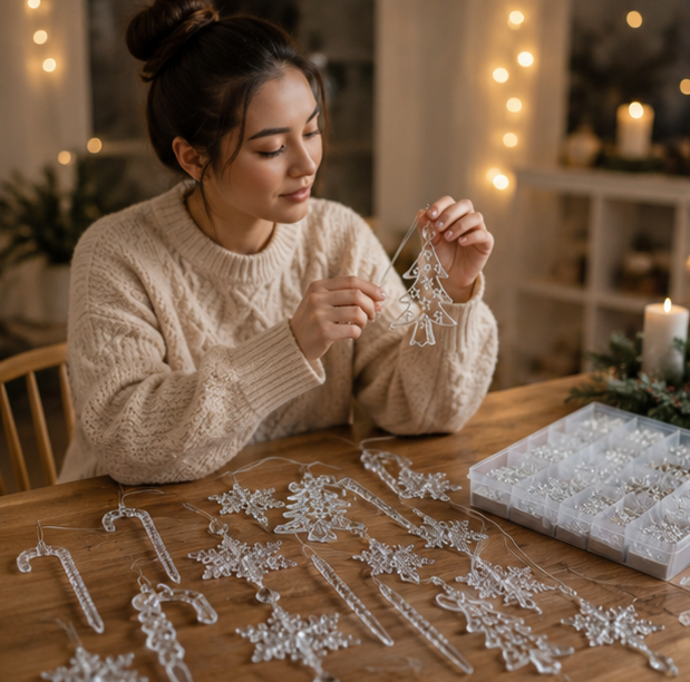 Acrylic Crystal Snowflake Ornament Set – Christmas Tree Icicle Hanging Decorations for Holiday Parties and Elegant Winter Displays