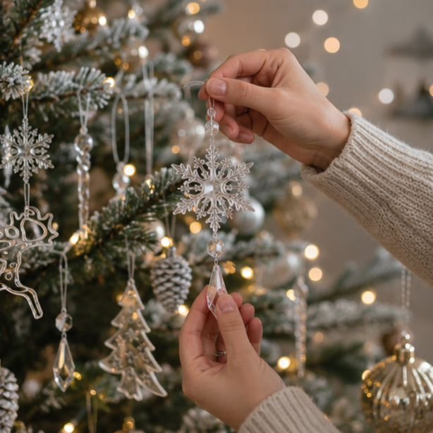 Acrylic Crystal Snowflake Ornament Set – Christmas Tree Icicle Hanging Decorations for Holiday Parties and Elegant Winter Displays