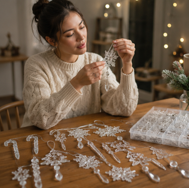 Acrylic Crystal Snowflake Ornament Set – Christmas Tree Icicle Hanging Decorations for Holiday Parties and Elegant Winter Displays