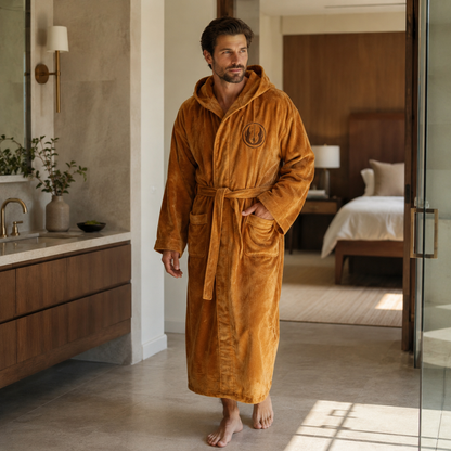 Men's Hooded Flannel Bathrobe - Thick Winter Dressing Gown for Home Comfort and Relaxing Evenings