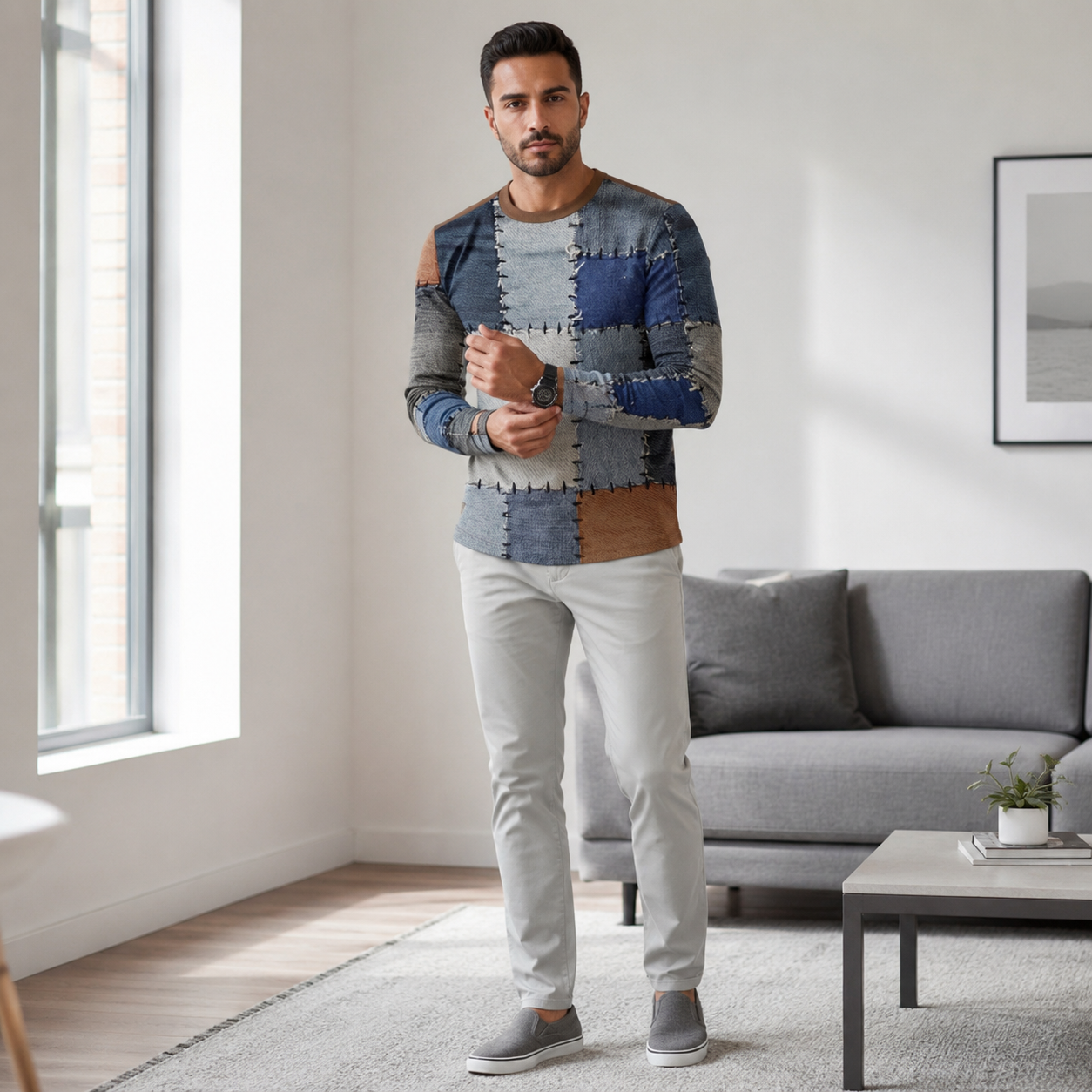 Men's Patchwork Denim Shirt - Vintage Inspired Long Sleeve Button Top with Stylish Grid Print Design