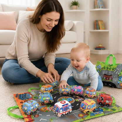 Soft Fabric Baby Car Toy Set - Tear Resistant Sensory Cloth Book with Play Mat and Storage Bag for Early Learning