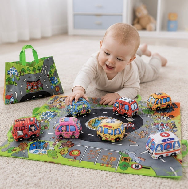 Soft Fabric Baby Car Toy Set - Tear Resistant Sensory Cloth Book with Play Mat and Storage Bag for Early Learning