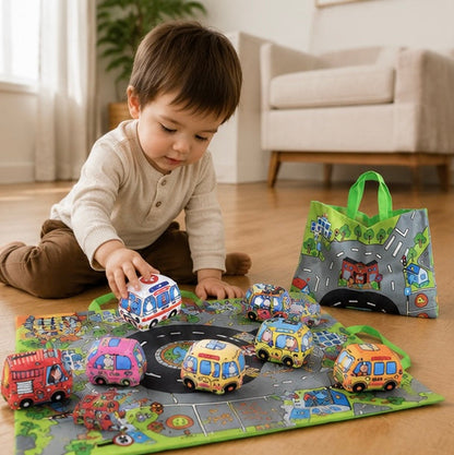 Soft Fabric Baby Car Toy Set - Tear Resistant Sensory Cloth Book with Play Mat and Storage Bag for Early Learning