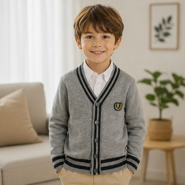 Kids Striped Knit Cardigan - Cotton V-Neck Sweater Coat for Boys and Teenagers, Preppy Style Everyday Outerwear
