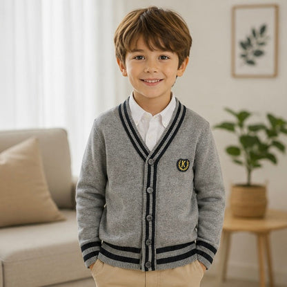 Kids Striped Knit Cardigan - Cotton V-Neck Sweater Coat for Boys and Teenagers, Preppy Style Everyday Outerwear