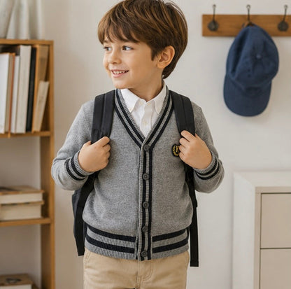 Kids Striped Knit Cardigan - Cotton V-Neck Sweater Coat for Boys and Teenagers, Preppy Style Everyday Outerwear