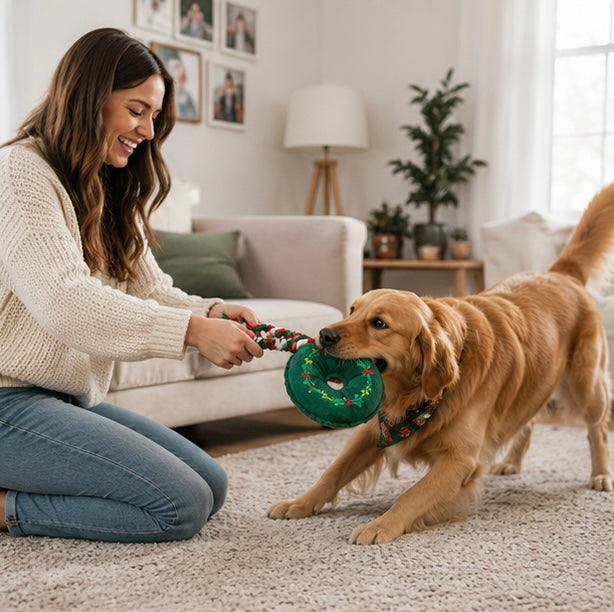 Christmas Dog Rope Toy – Snowman and Tree Squeaky Cotton Chew Toy for Puppies Dental Cleaning and Holiday Fun