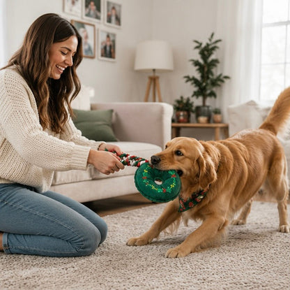 Christmas Dog Rope Toy – Snowman and Tree Squeaky Cotton Chew Toy for Puppies Dental Cleaning and Holiday Fun