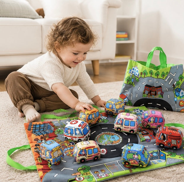 Soft Fabric Baby Car Toy Set - Tear Resistant Sensory Cloth Book with Play Mat and Storage Bag for Early Learning