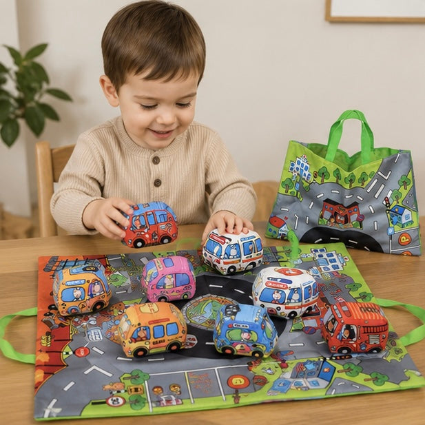 Soft Fabric Baby Car Toy Set - Tear Resistant Sensory Cloth Book with Play Mat and Storage Bag for Early Learning
