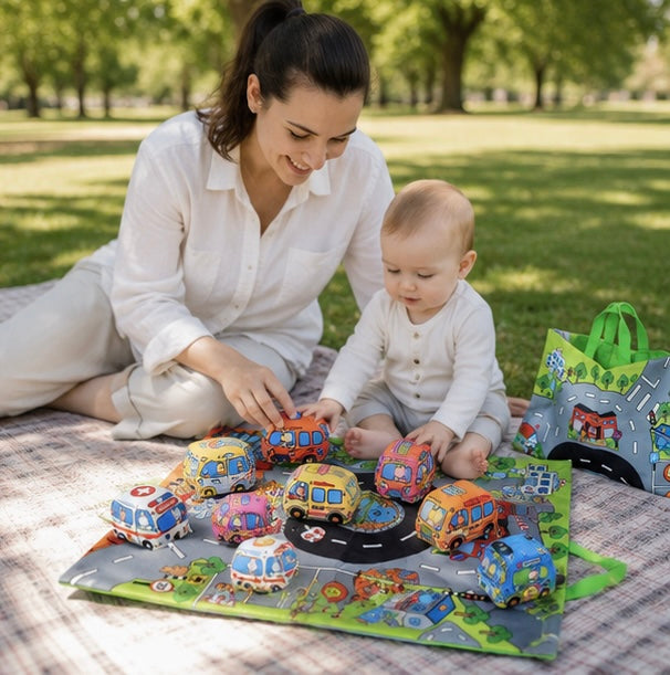 Soft Fabric Baby Car Toy Set - Tear Resistant Sensory Cloth Book with Play Mat and Storage Bag for Early Learning