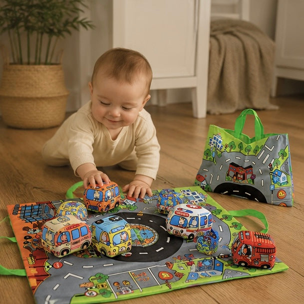 Soft Fabric Baby Car Toy Set - Tear Resistant Sensory Cloth Book with Play Mat and Storage Bag for Early Learning