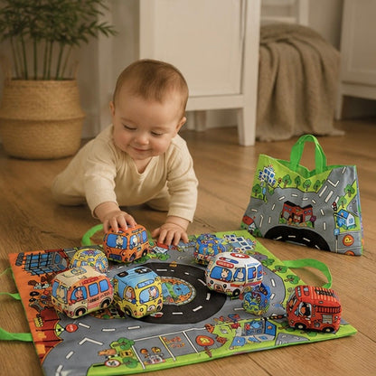 Soft Fabric Baby Car Toy Set - Tear Resistant Sensory Cloth Book with Play Mat and Storage Bag for Early Learning