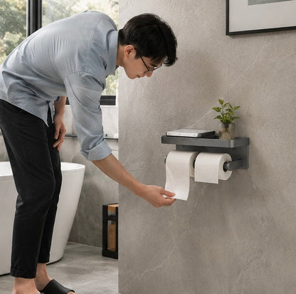 Wall Mounted Toilet Paper Holder – Bathroom Tissue Roll Organizer with Storage Shelf and Convenient Phone Stand