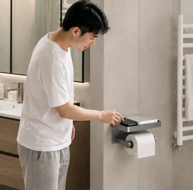 Wall Mounted Toilet Paper Holder – Bathroom Tissue Roll Organizer with Storage Shelf and Convenient Phone Stand