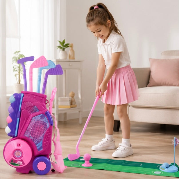 Portable Pink Golf Toy Set - Indoor Outdoor Sports Game with Golf Cart and Balls for Kids Active Play