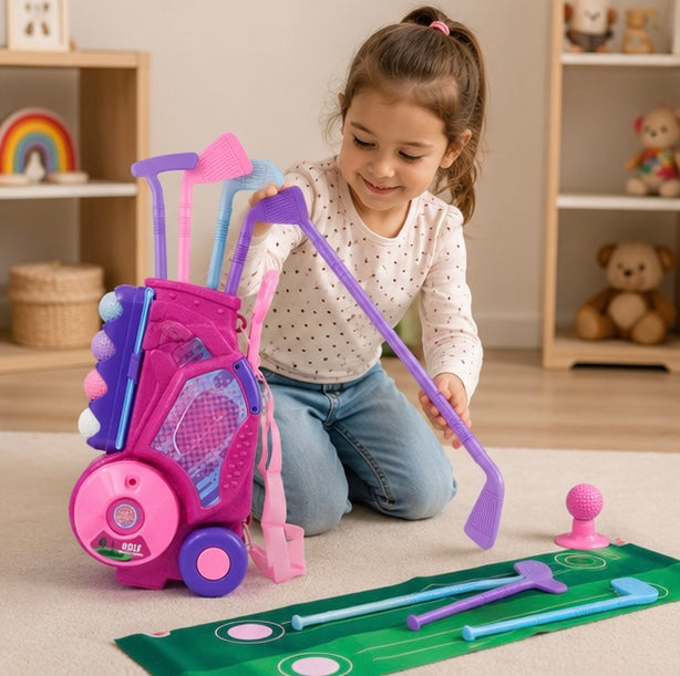 Portable Pink Golf Toy Set - Indoor Outdoor Sports Game with Golf Cart and Balls for Kids Active Play