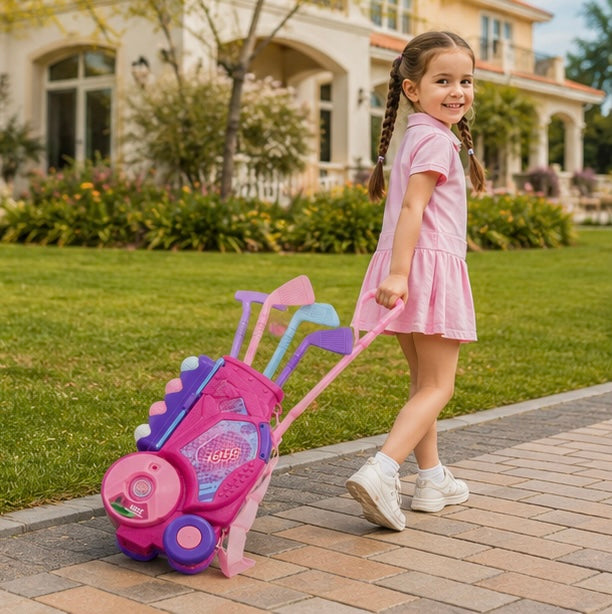 Portable Pink Golf Toy Set - Indoor Outdoor Sports Game with Golf Cart and Balls for Kids Active Play