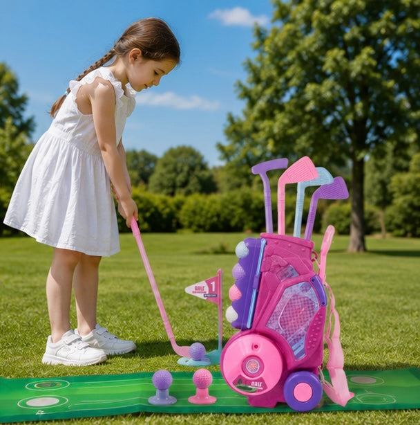 Portable Pink Golf Toy Set - Indoor Outdoor Sports Game with Golf Cart and Balls for Kids Active Play