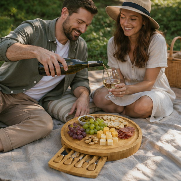 Bamboo Cheese Board and Knife Set – Portable Charcuterie Serving Tray with Sliding Drawer for Entertaining, Camping and Party Gatherings
