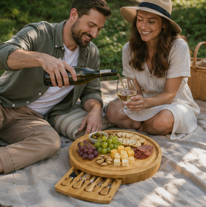 Bamboo Cheese Board and Knife Set – Portable Charcuterie Serving Tray with Sliding Drawer for Entertaining, Camping and Party Gatherings