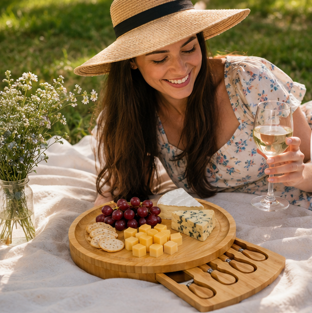 Bamboo Cheese Board and Knife Set – Portable Charcuterie Serving Tray with Sliding Drawer for Entertaining, Camping and Party Gatherings
