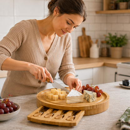 Bamboo Cheese Board and Knife Set – Portable Charcuterie Serving Tray with Sliding Drawer for Entertaining, Camping and Party Gatherings