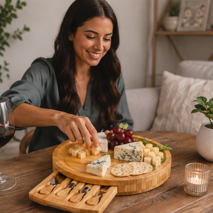 Bamboo Cheese Board and Knife Set – Portable Charcuterie Serving Tray with Sliding Drawer for Entertaining, Camping and Party Gatherings
