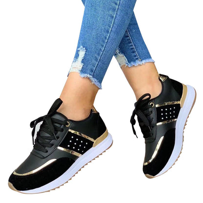 Women's Platform Sneakers - Leather Patchwork Casual Running Shoes with Elevated Sole and Stylish Everyday Comfort