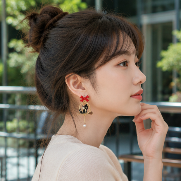 Bow Knot Cartoon Character Cat Earrings – Enamel Fashion Jewelry for Women with Cute Whimsical Style