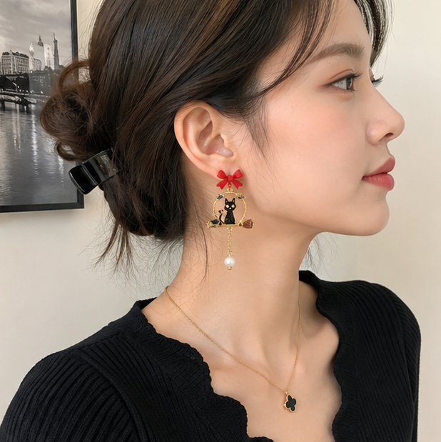 Bow Knot Cartoon Character Cat Earrings – Enamel Fashion Jewelry for Women with Cute Whimsical Style