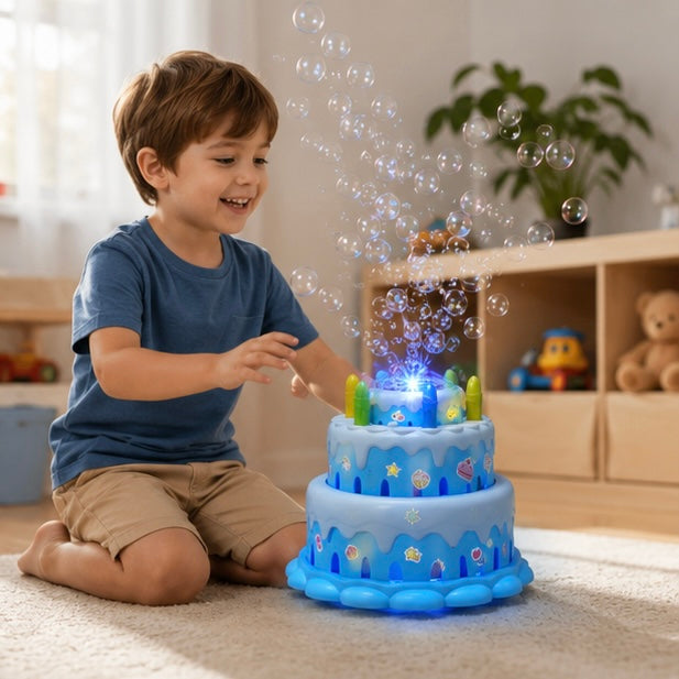Kawaii Birthday Cake Bubble Machine - Electric Bubble Maker with Music and Lights for Kids Parties and Outdoor Play