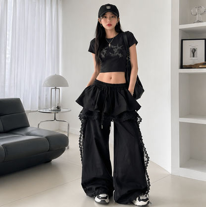Black Cargo Pants - Lace Patchwork Wide Leg Streetwear Trousers for Women, Harajuku Fashion and Korean Gyaru Style