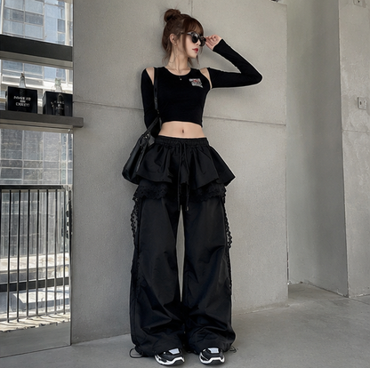 Black Cargo Pants - Lace Patchwork Wide Leg Streetwear Trousers for Women, Harajuku Fashion and Korean Gyaru Style