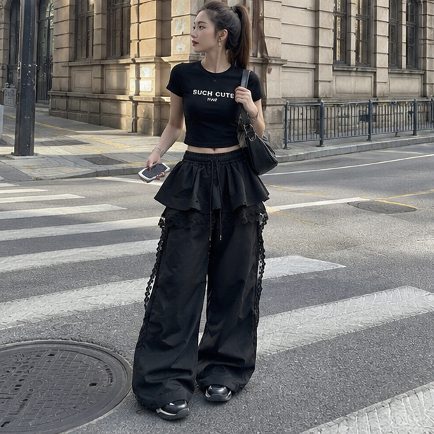 Black Cargo Pants - Lace Patchwork Wide Leg Streetwear Trousers for Women, Harajuku Fashion and Korean Gyaru Style