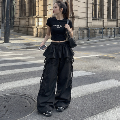 Black Cargo Pants - Lace Patchwork Wide Leg Streetwear Trousers for Women, Harajuku Fashion and Korean Gyaru Style