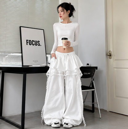 Black Cargo Pants - Lace Patchwork Wide Leg Streetwear Trousers for Women, Harajuku Fashion and Korean Gyaru Style