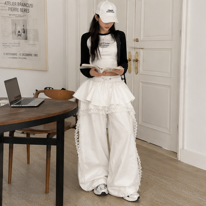 Black Cargo Pants - Lace Patchwork Wide Leg Streetwear Trousers for Women, Harajuku Fashion and Korean Gyaru Style