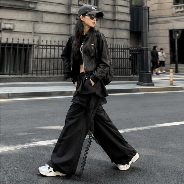 Black Cargo Pants - Lace Patchwork Wide Leg Streetwear Trousers for Women, Harajuku Fashion and Korean Gyaru Style