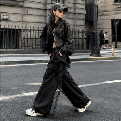 Black Cargo Pants - Lace Patchwork Wide Leg Streetwear Trousers for Women, Harajuku Fashion and Korean Gyaru Style